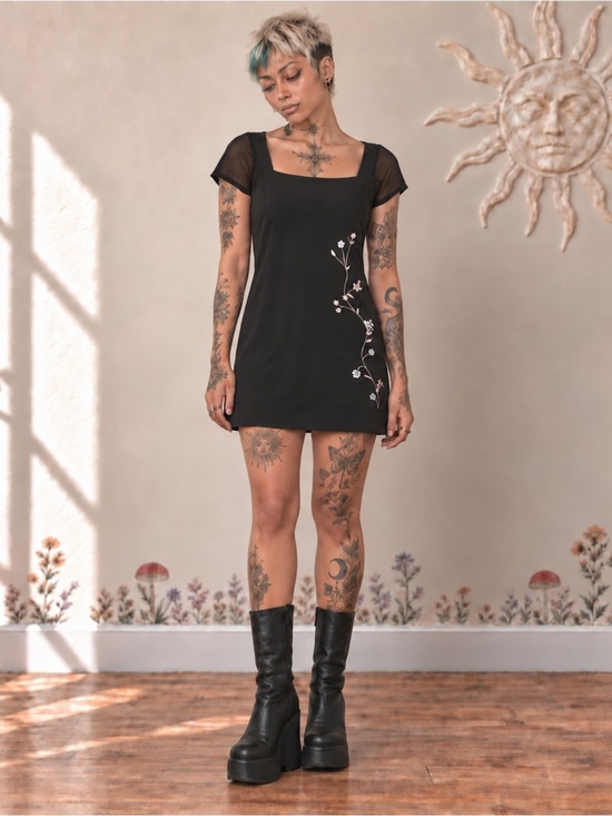 le chateau Dresses & Skirts - Le Chateau Y2K Black Floral Mini Dress Sheer Mesh Sleeve Made USA S